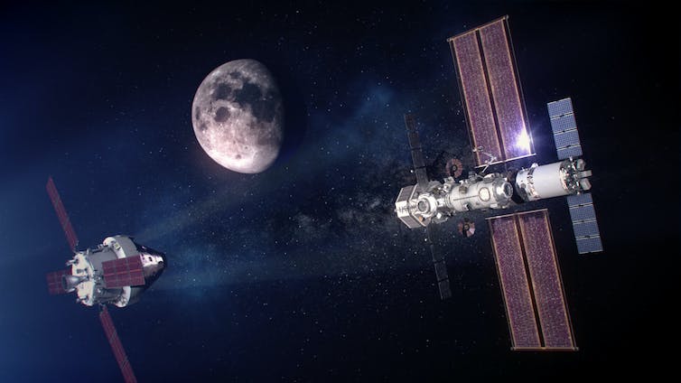 représentation artistique d’un vaisseau spatial en orbite autour de la Lune