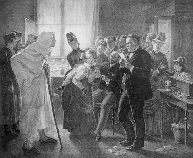 Illustration en noir et blanc de Pasteur au milieu de patients
