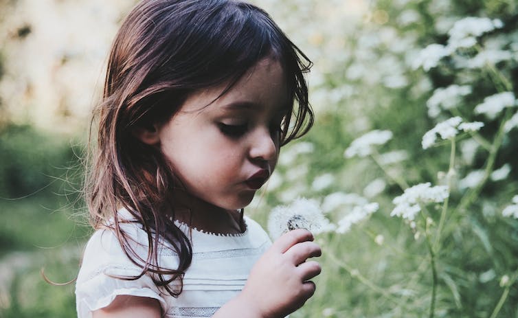 Une petite fille souffle sur une fleur de pissenlit