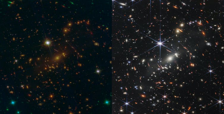 Deux images de centaines de points lumineux sur un fond sombre, avec plus d’objets visibles sur la droite