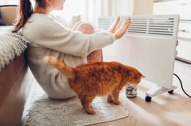 Une femme se réchauffe les mains avec un chat à côté d’un chauffage électrique