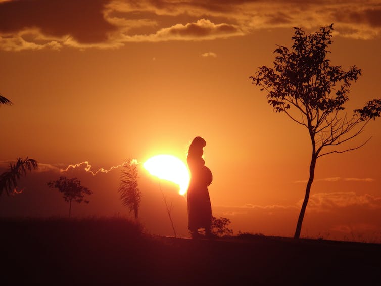 Silhouette de femme enceinte contre un coucher de soleil sur un paysage