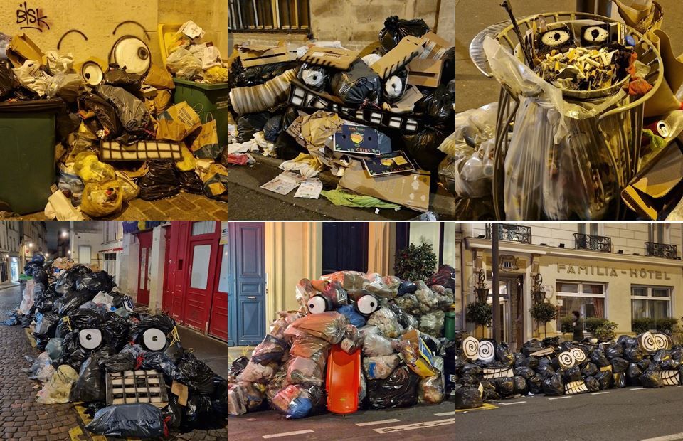 Quelques uns des monstres imaginés par le street-artiste Bisk lors de la grève des éboueurs à Paris en mars 2023