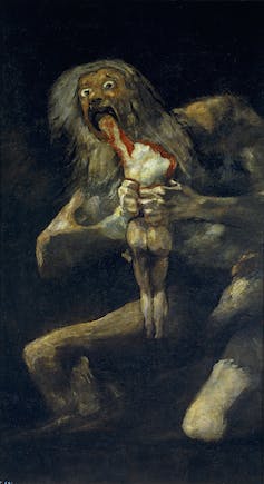 Une peinture montrant un personnage effrayant aux cheveux longs mangeant un enfant dont le torse est ensanglanté