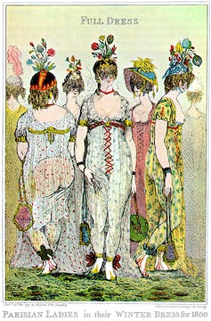 « Dames parisiennes dans leurs atours complets d’hive », caricature de 1799, par Isaac Cruikshank, sur les excès de la mode des « Merveilleuses » du Directoire, qui visait à copier le style « héllénique »