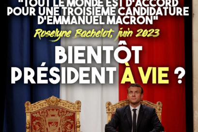 Macron assis sur son trône devant un fond tricolore