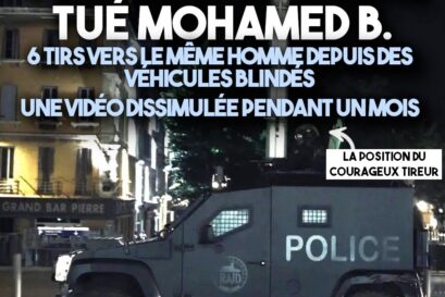Camion blindé du RAID lors des émeutes pour Nahel. Sur la tourelle, la position du courageux tireur qui n
