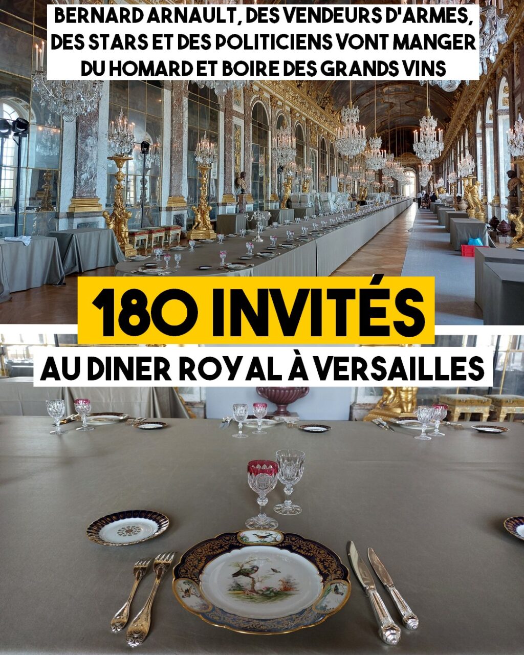 Une gigantesque table richement ornée au milieu de la Galerie des glaces de Versailles