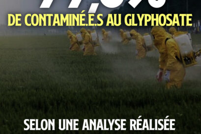 Une dizaine de personnes en combinaison étanche vaporise un produit sur un champ de céréales
