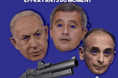 Des masques reprenant les visages de Netanyahou, Darmanin et Zemmour, avec un LBD et une carte d