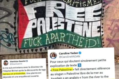 Le tag incriminé présente trois inscriptions, de haut en bas : "Fuck Antisémitisme", "Free Palestine" et "Fuck Apartheid"