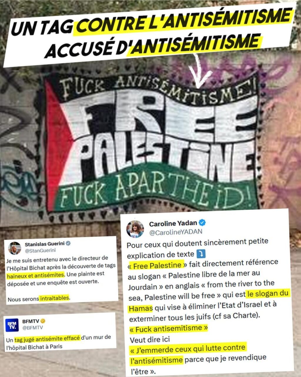 Le tag incriminé présente trois inscriptions, de haut en bas : "Fuck Antisémitisme", "Free Palestine" et "Fuck Apartheid"