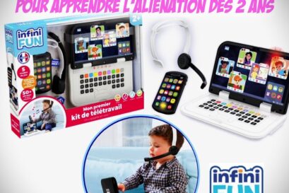 Le kit de télétravail, de la marque InfiniFun, présente un ordinateur, un smartphone et un casque micro pour faire de super visios !