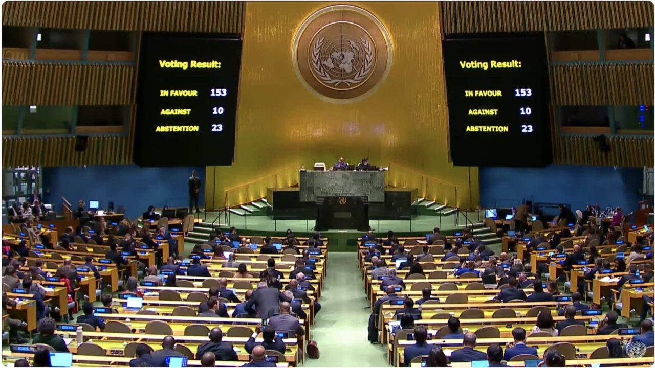 tableau montrant les votes à l'Assemblée générale sur la résolution appellant à un cessez-le-feu à Gaza.