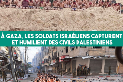 Deux photographies présentant des groupes de prisonniers palestiniens, à moitié nus, assis ou agenouillés et surveillés par des militaires israéliens