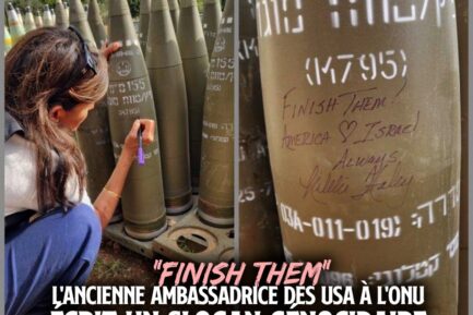 Agenouillée devant des obus israéliens, alors que toute la planète est horrifiée par les massacres à Rafah, une femme écrit sur les munitions destinées à être envoyées contre des êtres humains : «America ❤️Israël» et «finish them». Soit littéralement : «exterminez-les» ou «achevez-les».