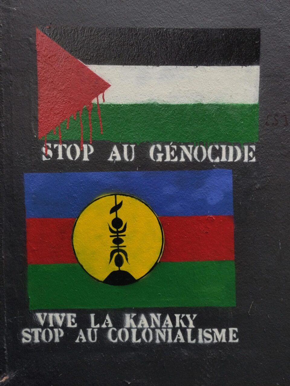 Pochoir en soutien à Gaza et à la Kanaky, fait à Nantes par Antiproduct