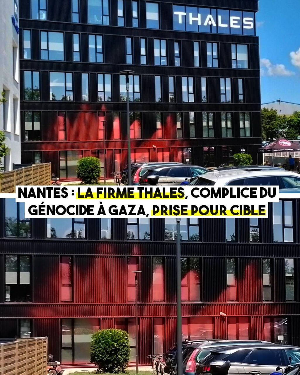 Les locaux de Thalès recouverts de peinture rouge à Nantes