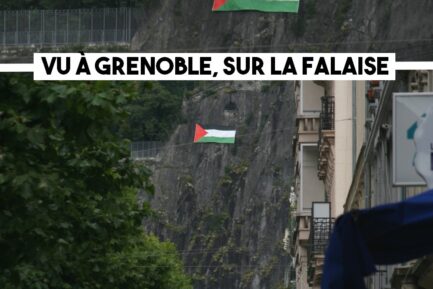 Deux photos du drapeau palestinien qui surplombe Grenoble