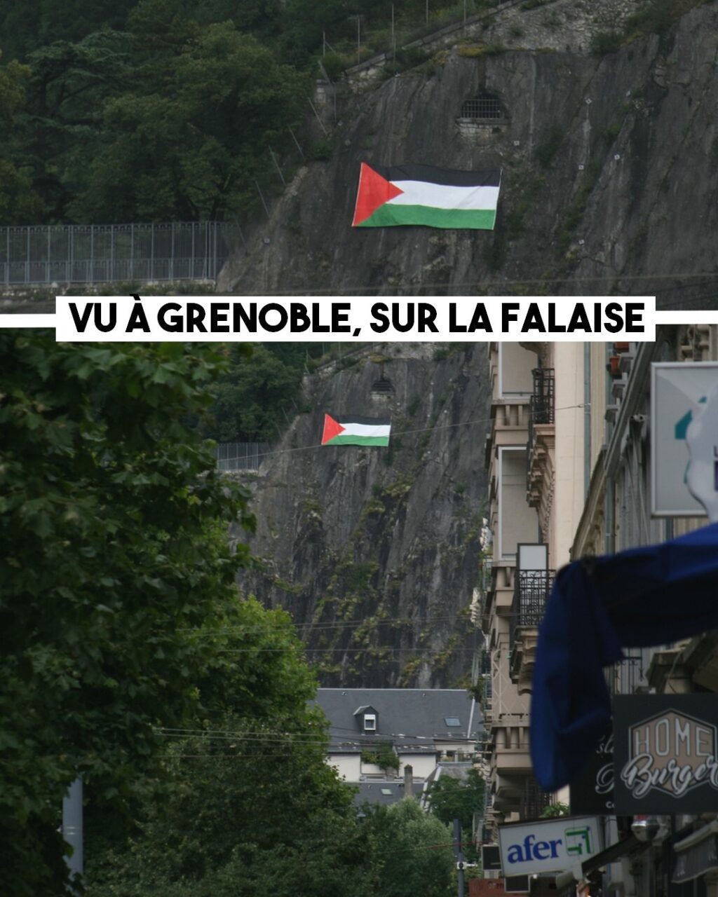 Deux photos du drapeau palestinien qui surplombe Grenoble
