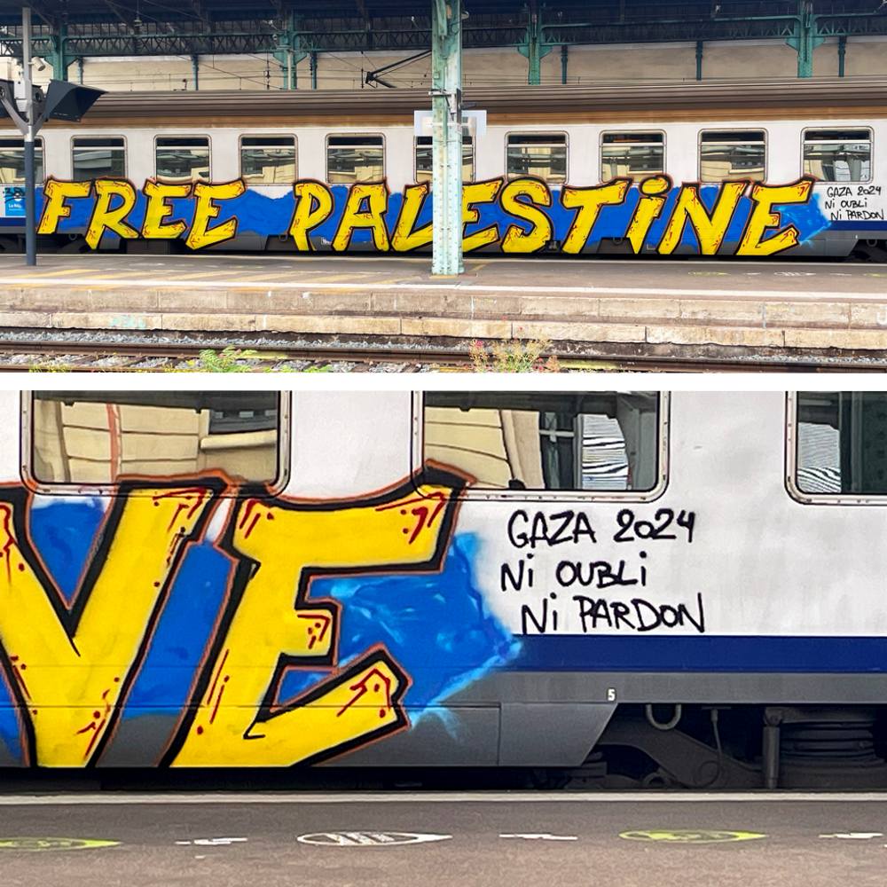 «Free Palestine» : ce graffiti massif sur un train en mouvement a été aperçu en gare de Lyon ce lundi.