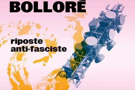 Affiche pour désarmer Bolloré représentant une tour de télévision qui se brise.