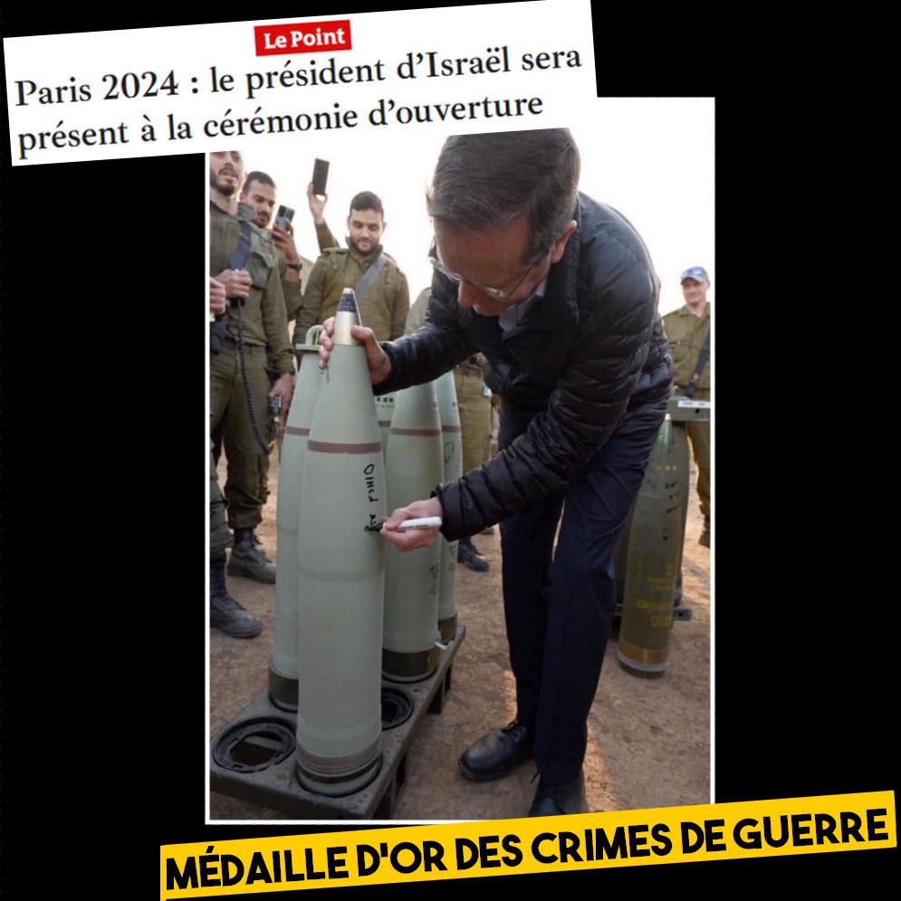 Le président israélien signe un obus qui sera envoyé sur les civils de Gaza en octobre 2023