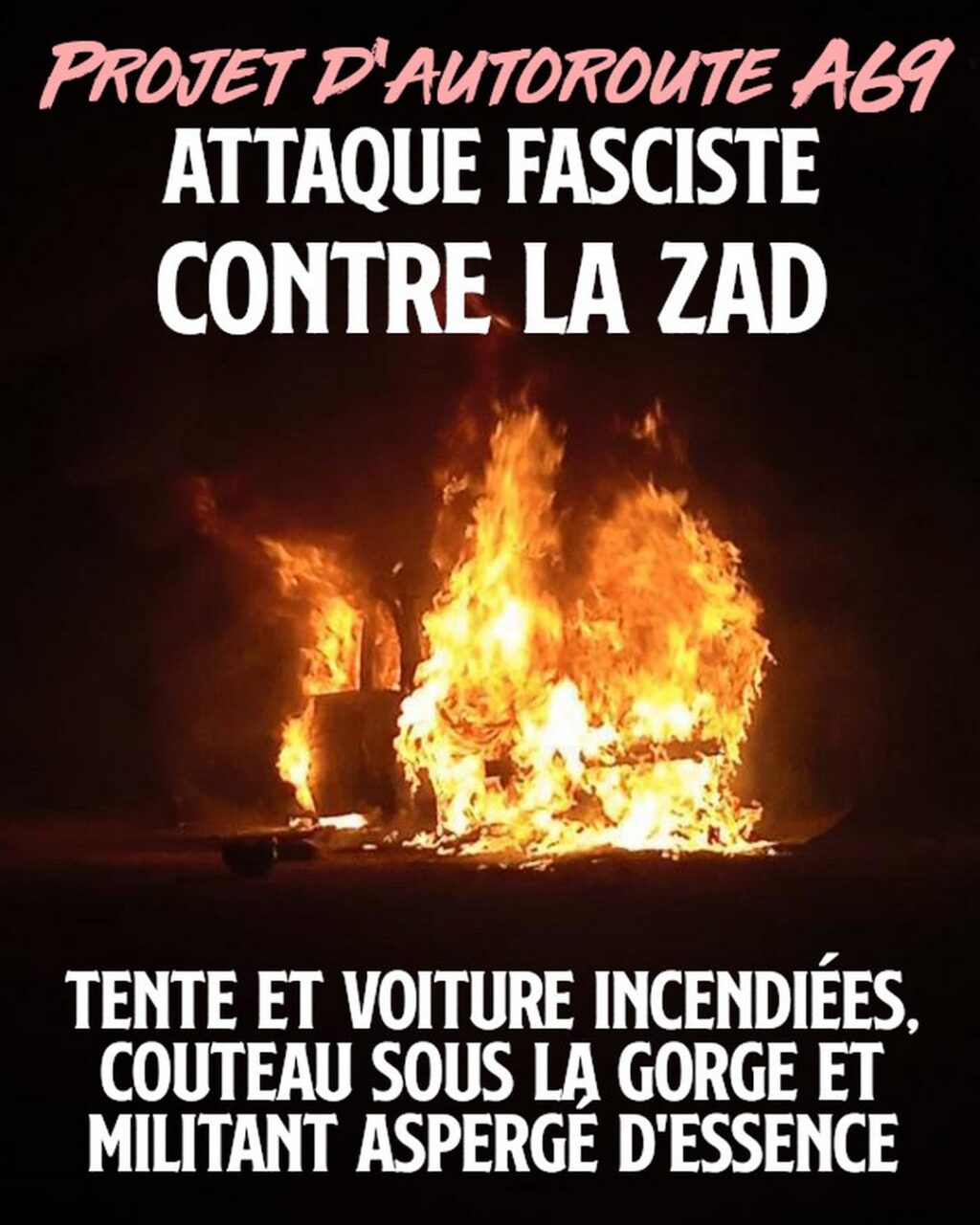Les flammes de la voiture brûlant sur la ZAD de l