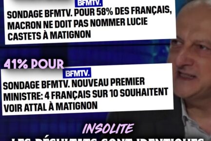 Deux titres de BFM mis en parallèle : «Nouveau Premier ministre : 4 Français sur 10 souhaitent voir Attal à Matignon» et «Pour 58% des Français, Macron ne doit pas nommer Lucie Castets à Matignon».