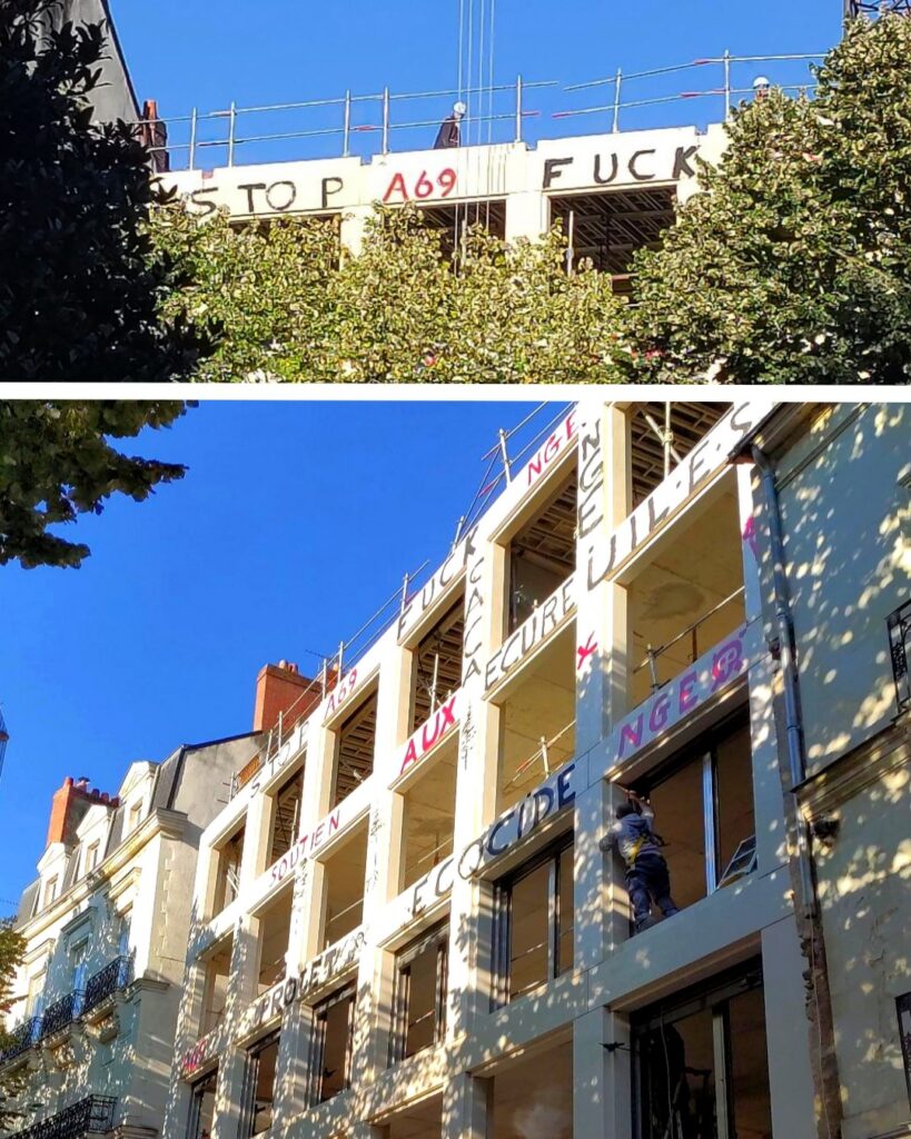 La façade de NGE repeinte à Nantes en soutien à la lutte contre l'A69