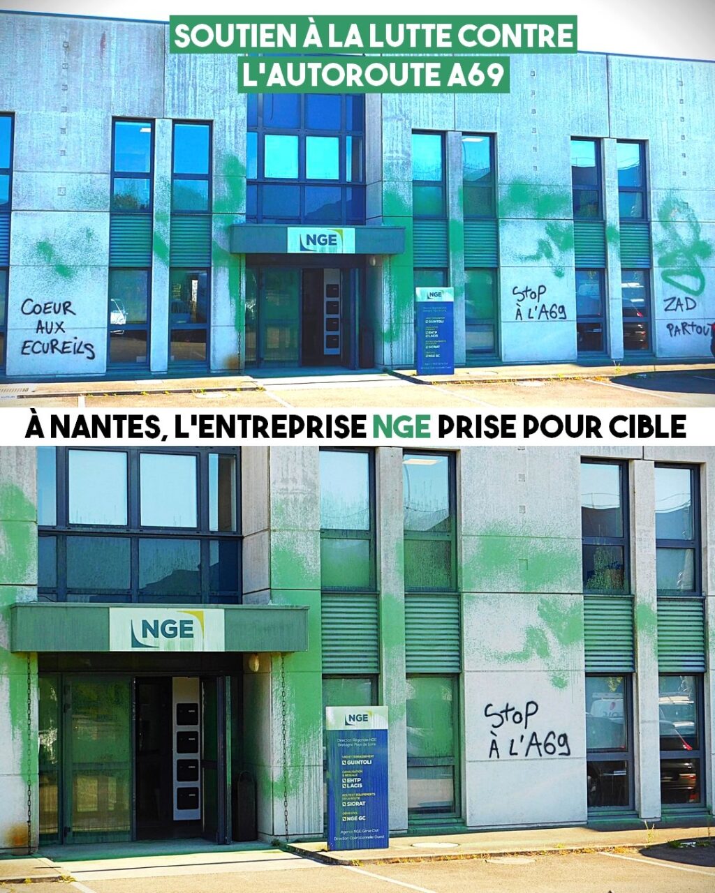 La façade de NGE repeinte à Nantes en soutien à la lutte contre l