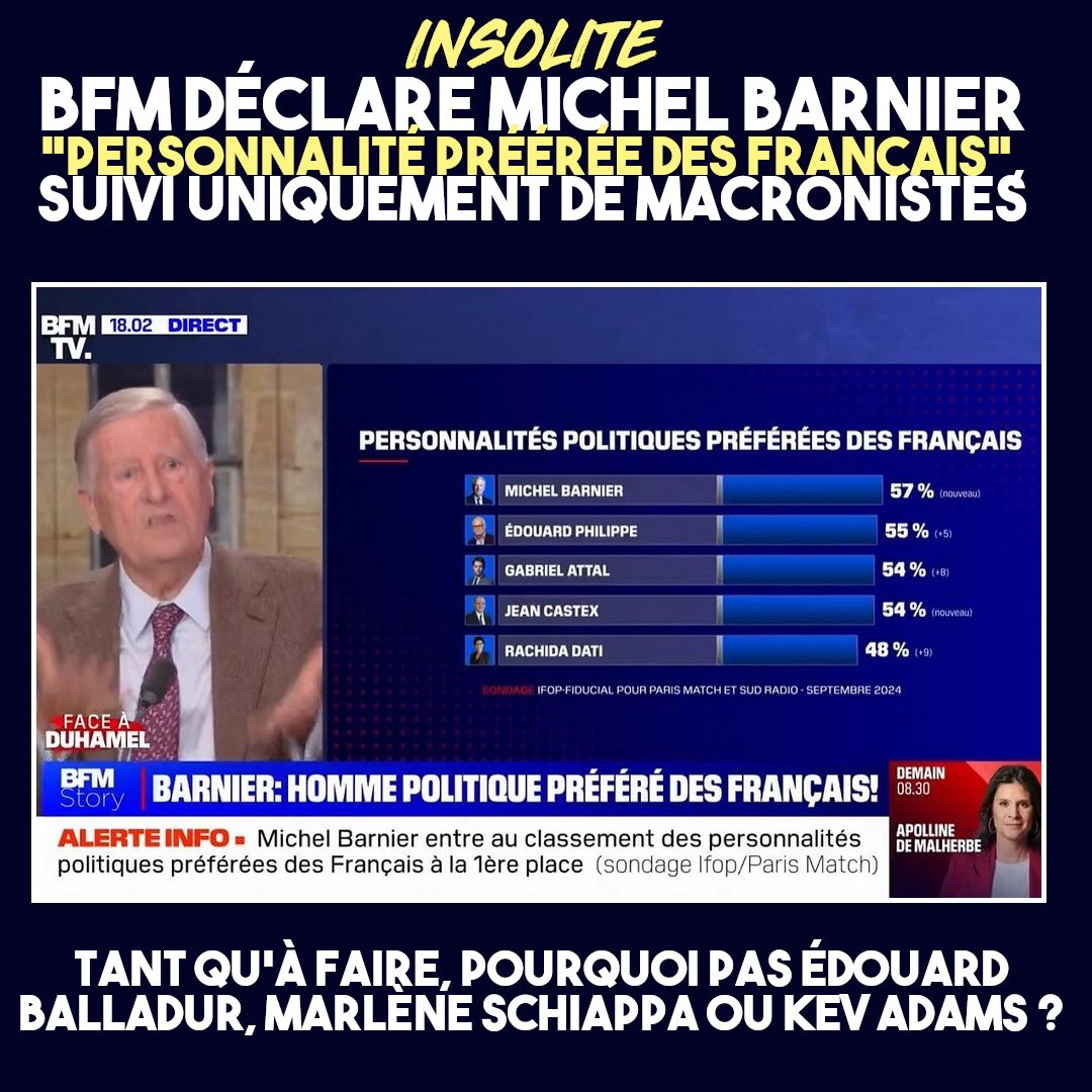 Sur BFM un sondage présente Michel Barnier comme la "personnalité politique préférée des français"