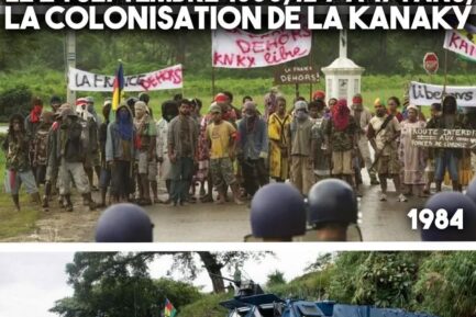 Trois images de la colonisation en Kanaky : en 1853, 1984 et 2024 avec, désormais, des blindés de la gendarmerie devant des drapeaux Kanak.