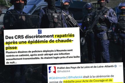 Des membres de la CRS 8 posent cagoulés et armés jusqu