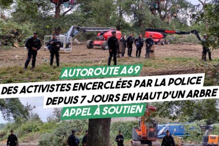 Deux photos de gendarmes encerclant un arbre protégé par des écureuil-les sur le chantier de l