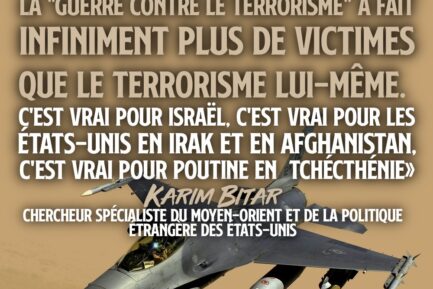 Un avion de guerre accompagne la citation de Karim Émile Bitar sur le terrorisme d