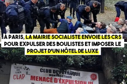 Les CRS en pleine expulsion du club de pétanque à Montmartre.