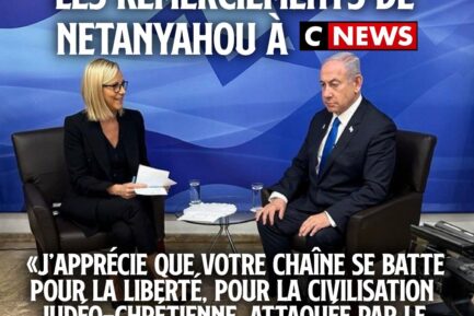Laurence Ferrari et Netanyahou sur le plateau de Cnews, avec un fond de drapeau israélien.