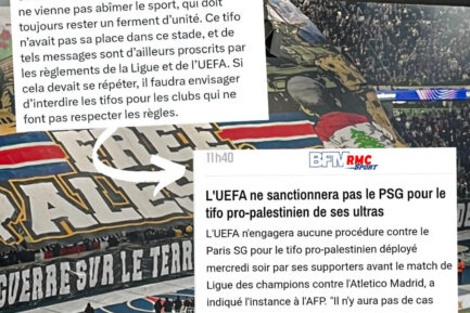 Le tifo déployé au Parc des Princes hier soir accompagné du tweet de Brunoo Retailleau et de la réponse de l