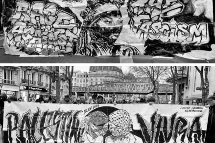 «Rage against the fascism», «Palestine vivra» : deux banderoles du collectif Black Lines vues dans les rues de Paris le 14 décembre, à l