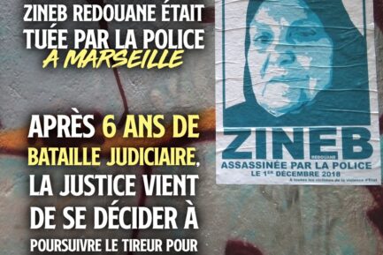 Une affiche montrant le visage de Zineb Redouane dans une rue de Marseille.