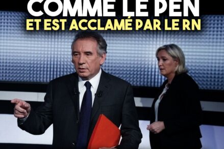 Bayrou, un dossier sous le bras, et derrière lui Marine Le Pen.