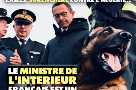 Bruno Retailleau photographié en contre-plongée avec, au premier plan, un chien policier visiblement très agressif.