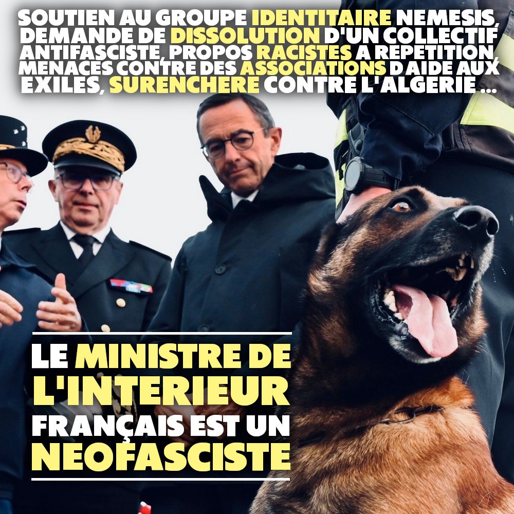 Bruno Retailleau photographié en contre-plongée avec, au premier plan, un chien policier visiblement très agressif.