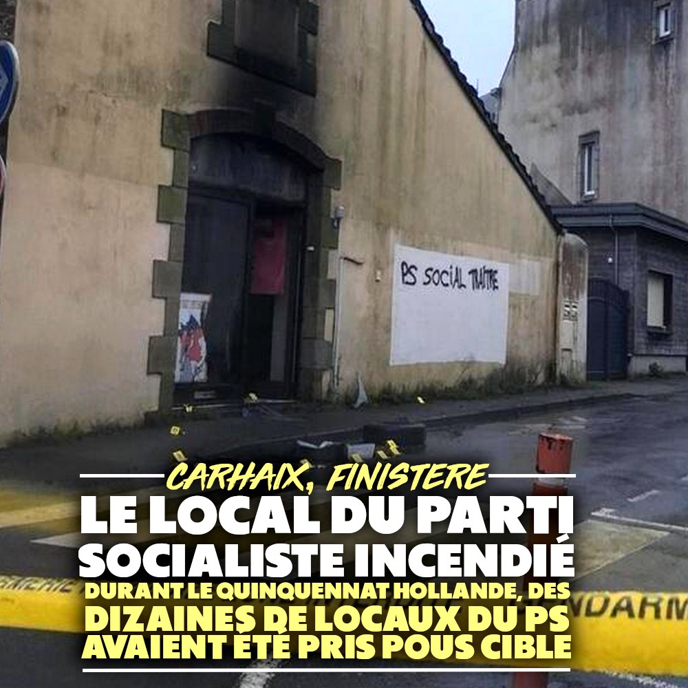 Le local du Parti Socialiste incendié à Carhaix : la façade est noircie à côté d