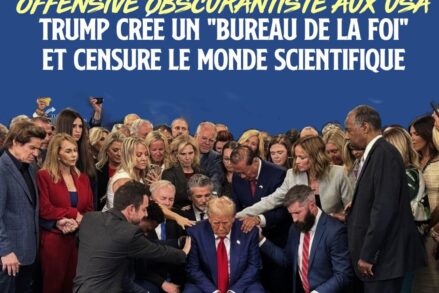 Des fanatiques prêtent allégeance à Trump, divinisé au centre de la photographie. L