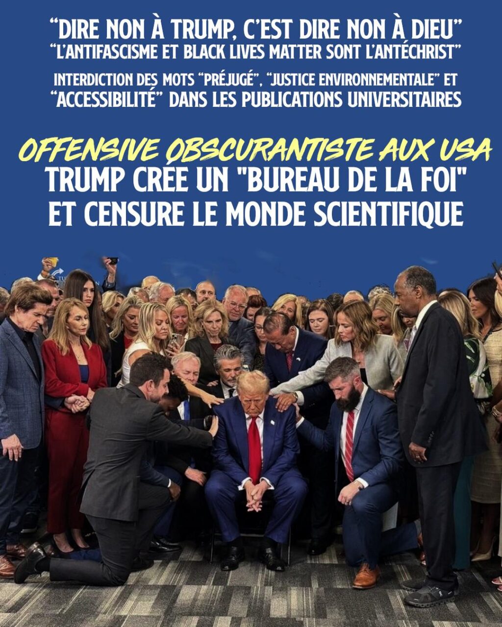 Des fanatiques prêtent allégeance à Trump, divinisé au centre de la photographie. L
