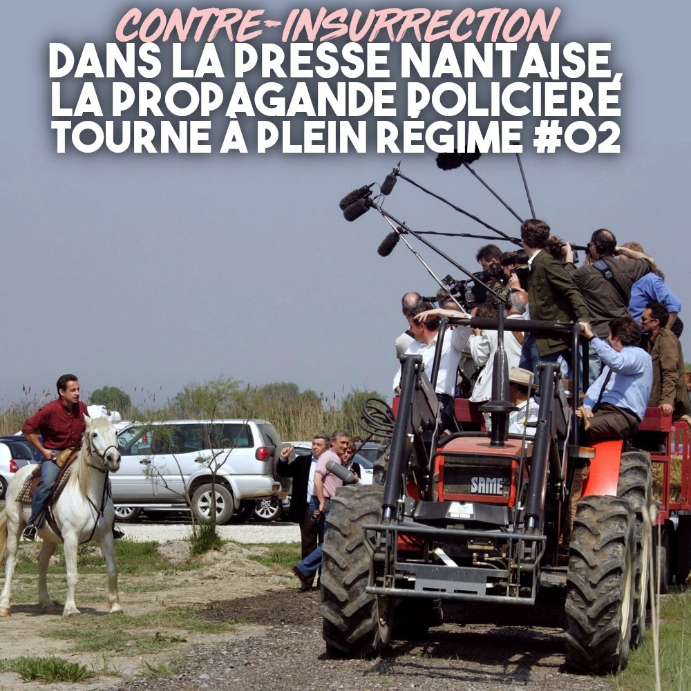 Des journalistes sont amassés sur un tracteur pour interviewer Nicolas Sarkozy, monté sur un cheval. Une opération de communication grossière qui s
