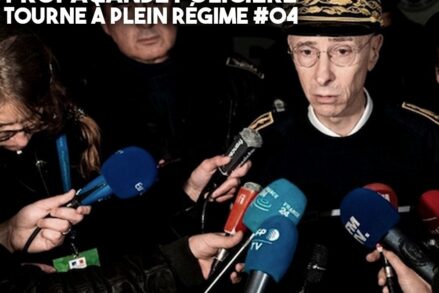 Didier Lallement, avec sa casquette trop grande et son uniforme de préfet, donne une interview devant un parterre de journalistes pour propager la contre-insurrection policière.