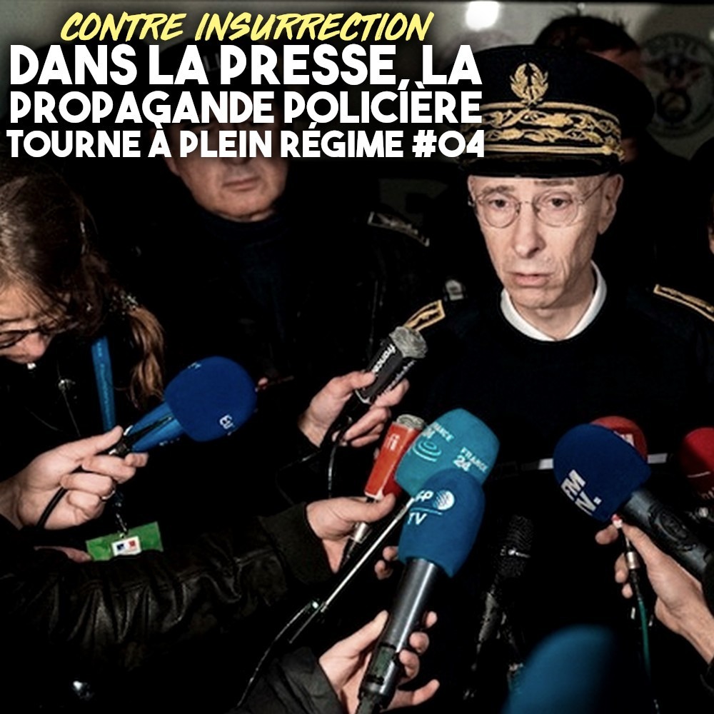 Didier Lallement, avec sa casquette trop grande et son uniforme de préfet, donne une interview devant un parterre de journalistes pour propager la contre-insurrection policière.